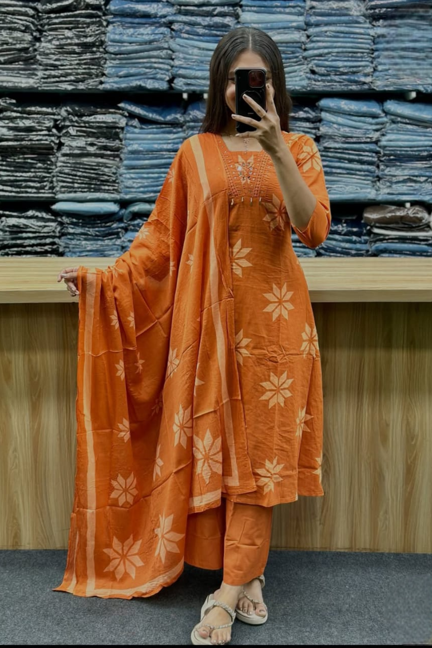 Noorangi Orange Embroidered Cotton Straight Kurta Pant Dupatta Set