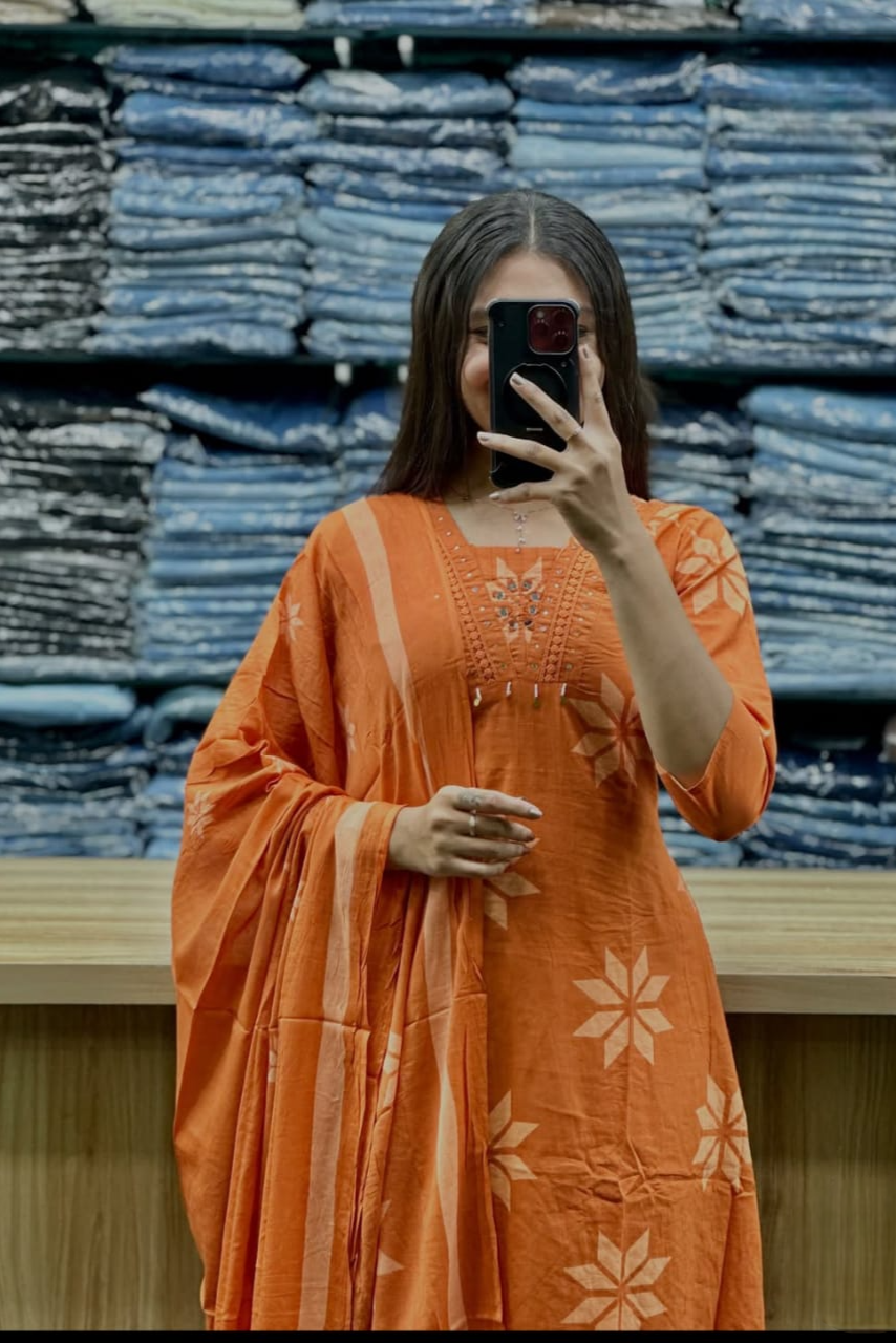 Noorangi Orange Embroidered Cotton Straight Kurta Pant Dupatta Set