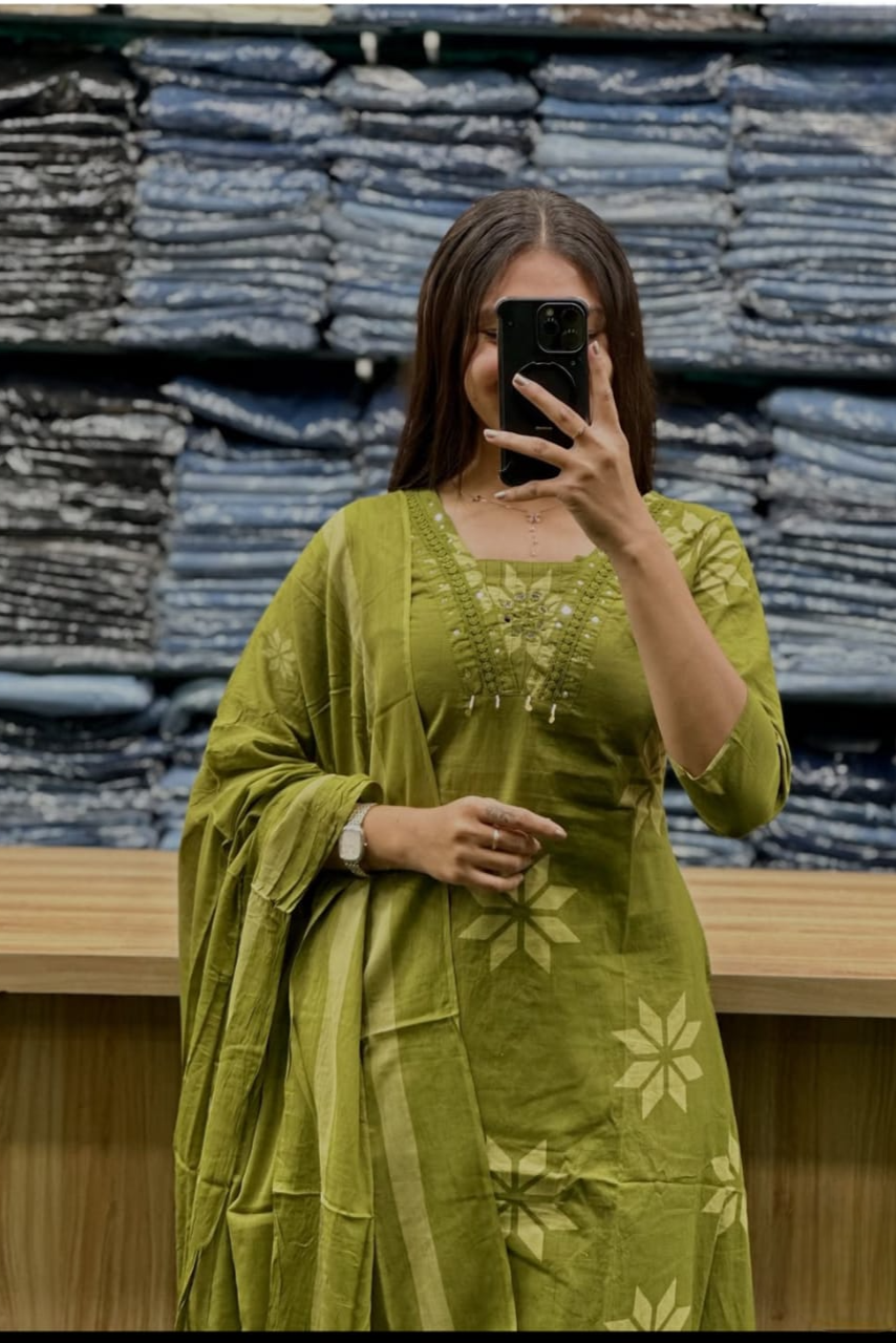 Noorangi Light Mehendi Embroidered Cotton Straight Kurta Pant Dupatta Set