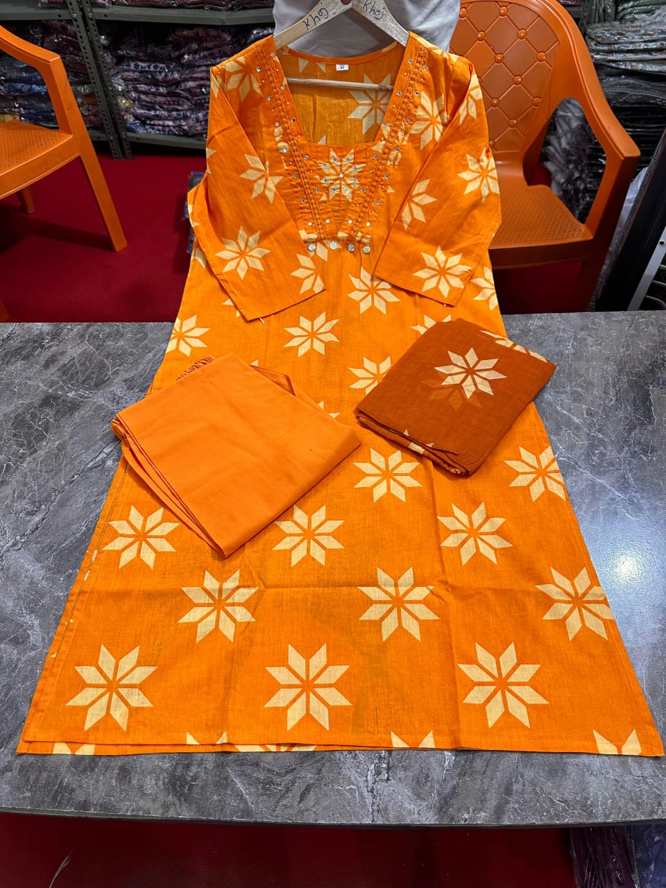 Noorangi Orange Embroidered Cotton Straight Kurta Pant Dupatta Set
