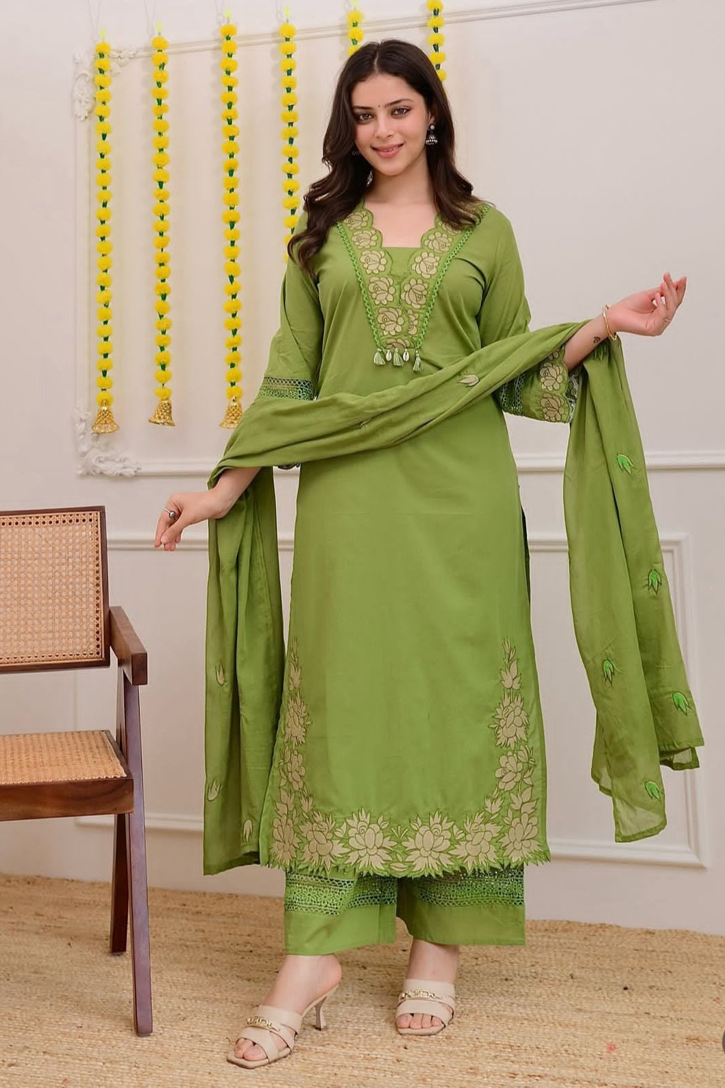 Rangreza Embroidered Cotton Straight Kurta Pant Dupatta Set