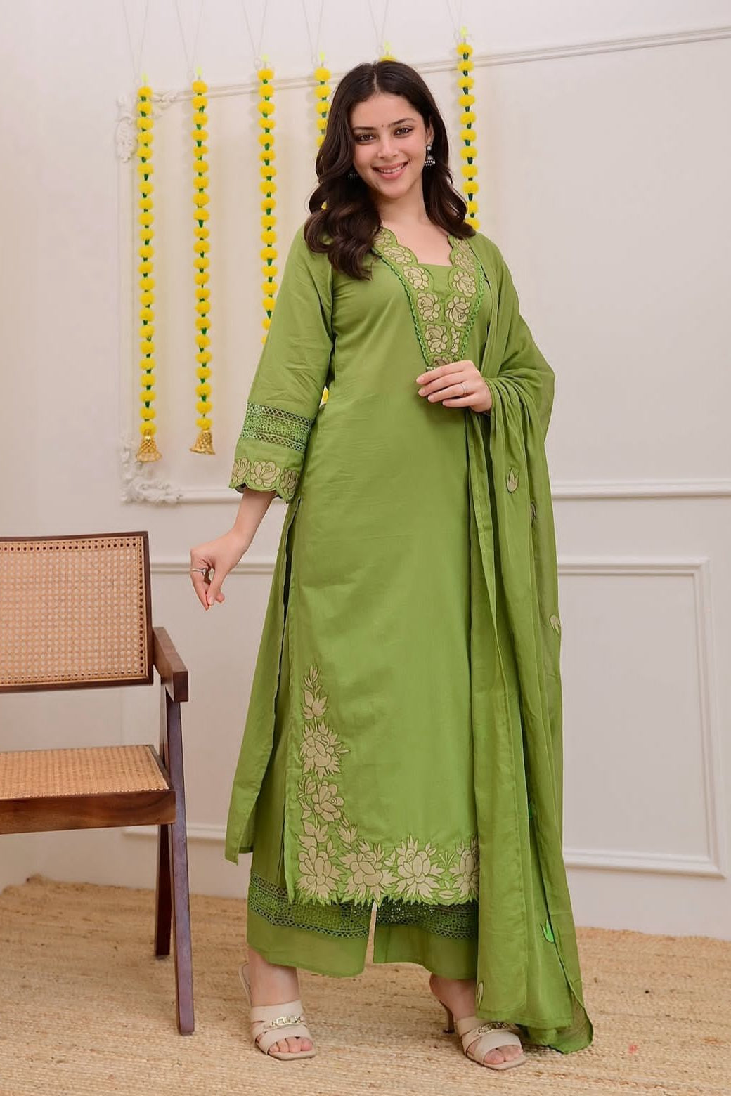 Rangreza Embroidered Cotton Straight Kurta Pant Dupatta Set