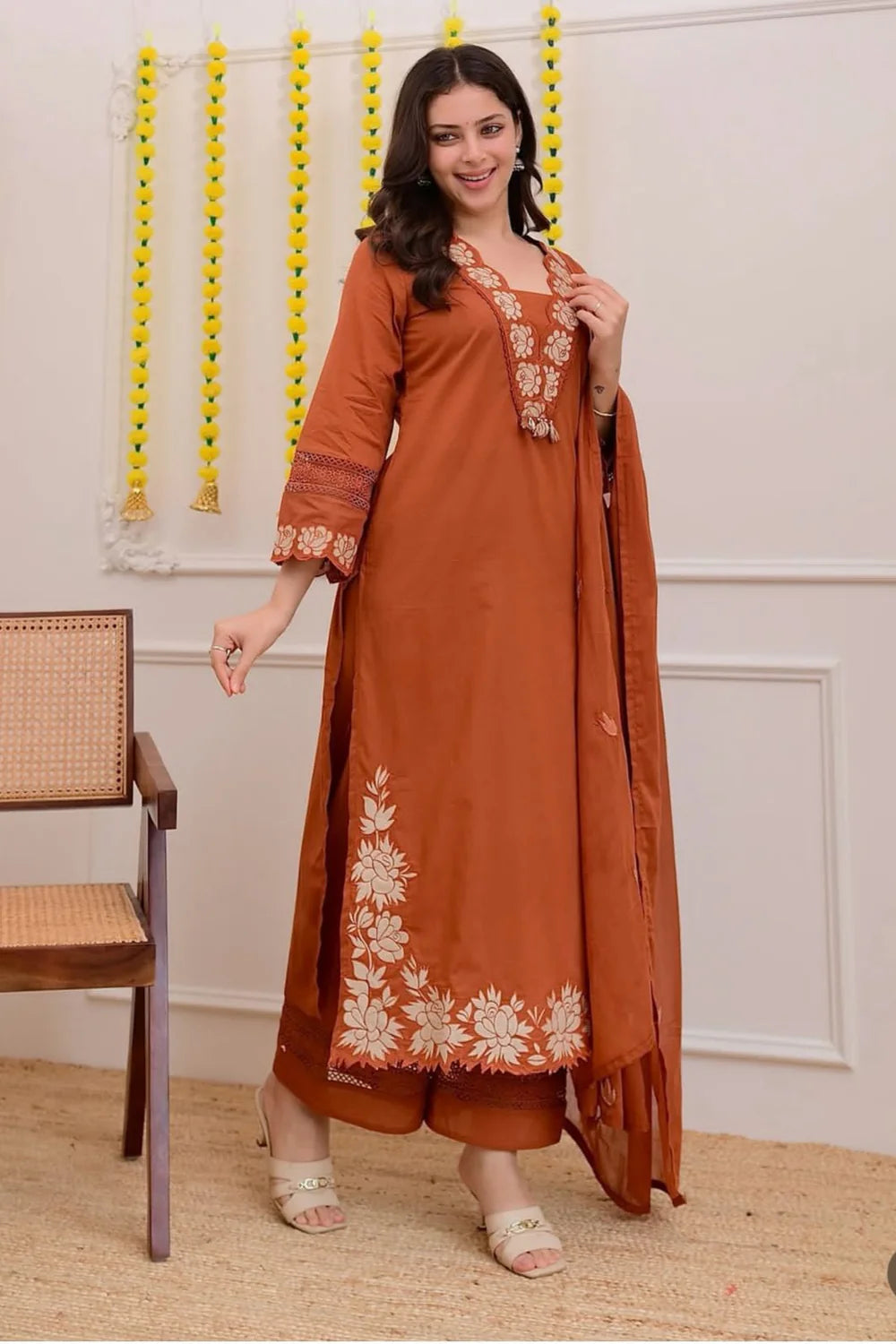Rangreza Embroidered Cotton Straight Kurta Pant Dupatta Set