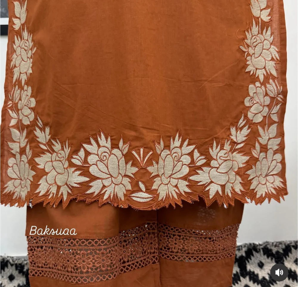 Rangreza Embroidered Cotton Straight Kurta Pant Dupatta Set