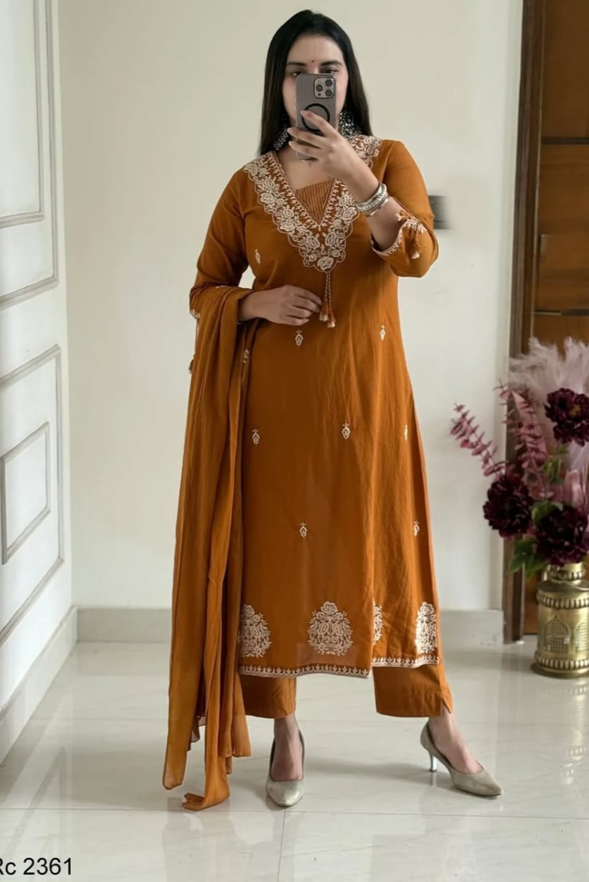 Surmayi Dark Orange Pure Cotton Embroidered Suit Set