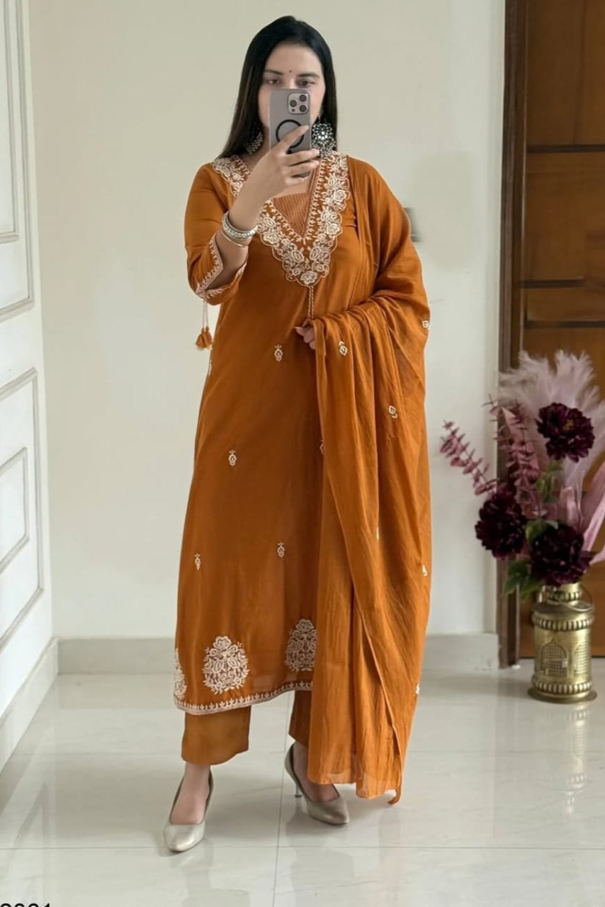Surmayi Dark Orange Pure Cotton Embroidered Suit Set