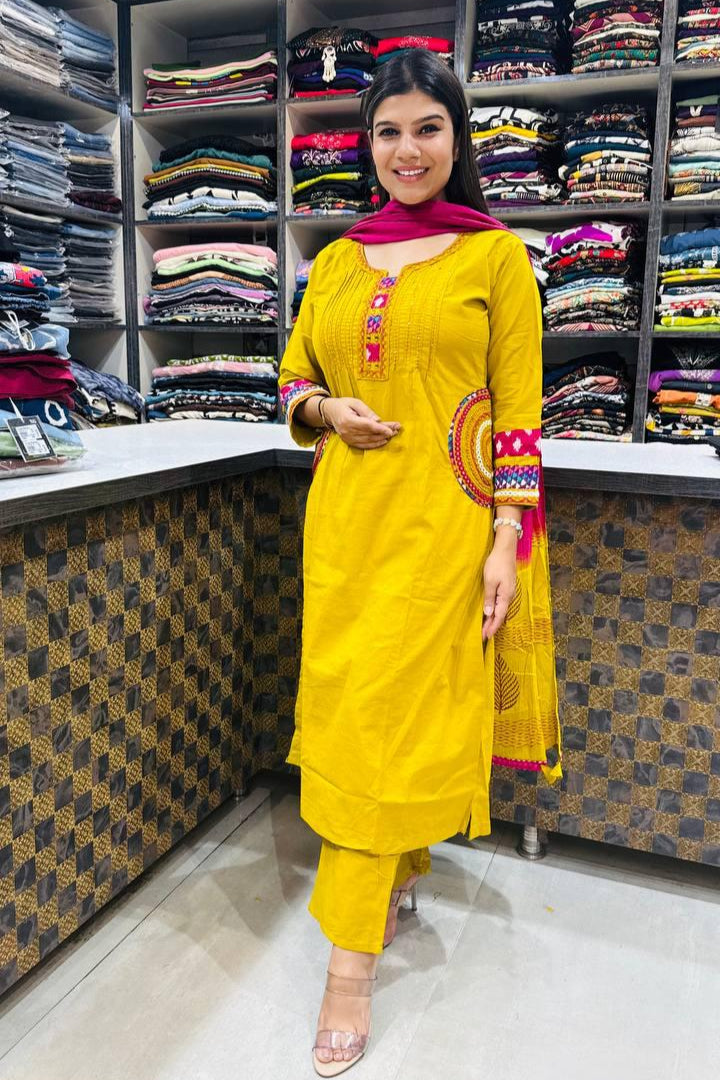 Gulnaar Yellow Pure Cotton Embroidered Suit Set
