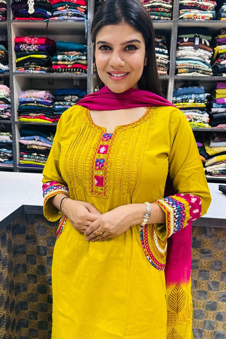 Gulnaar Yellow Pure Cotton Embroidered Suit Set
