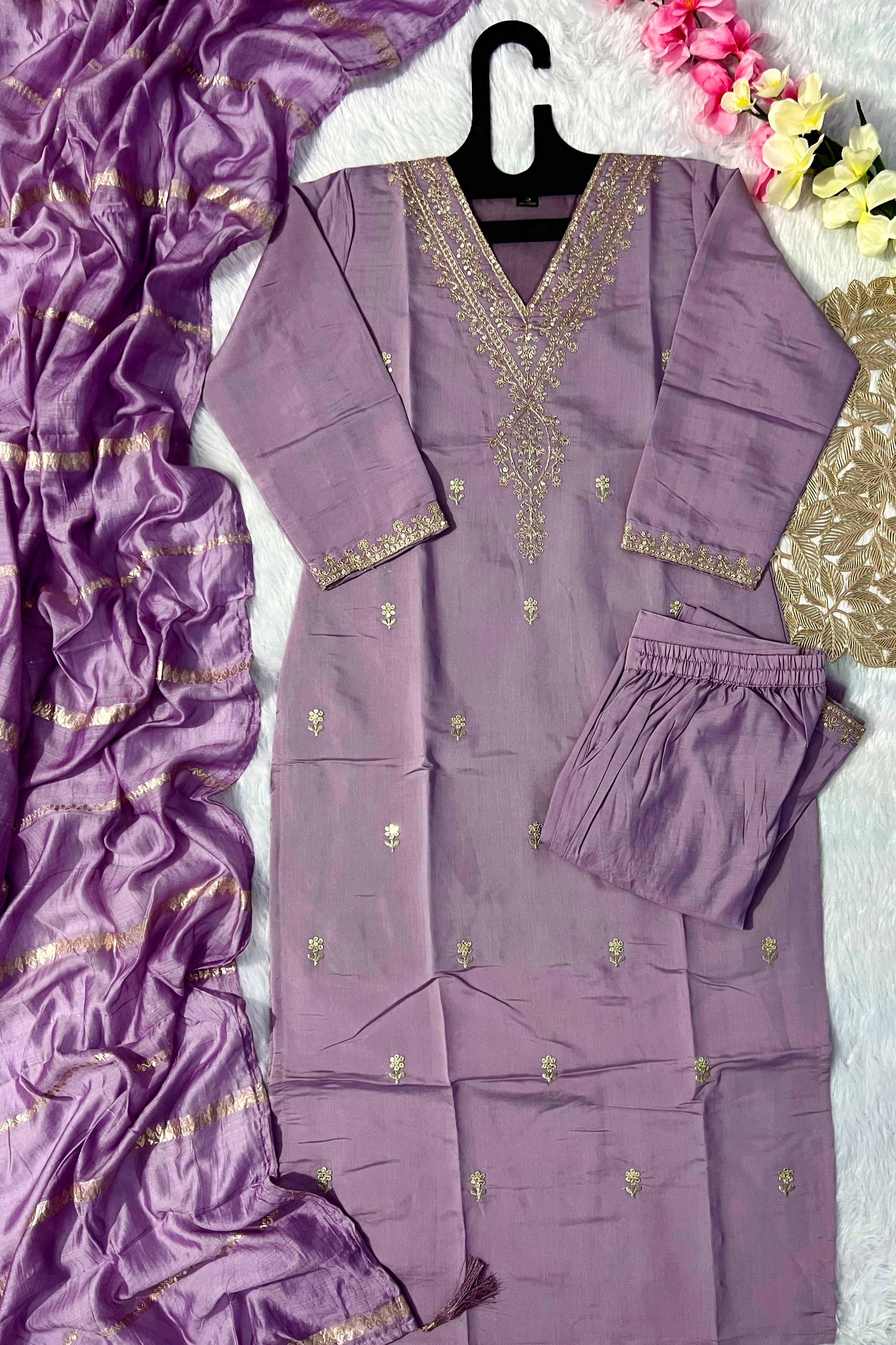 Lavender Bliss Roman Silk Designer Kurti Pant Dupatta Set