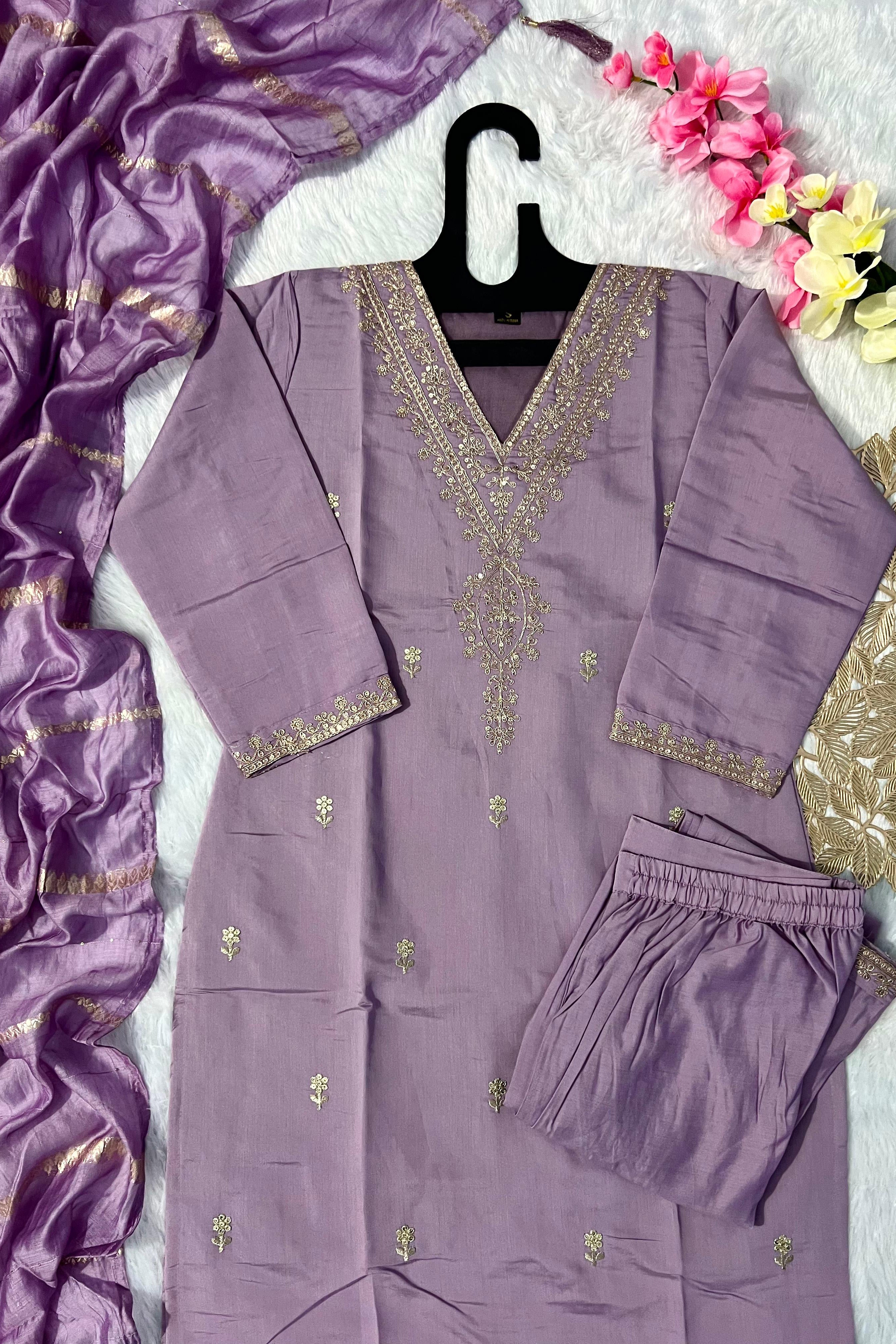 Lavender Bliss Roman Silk Designer Kurti Pant Dupatta Set