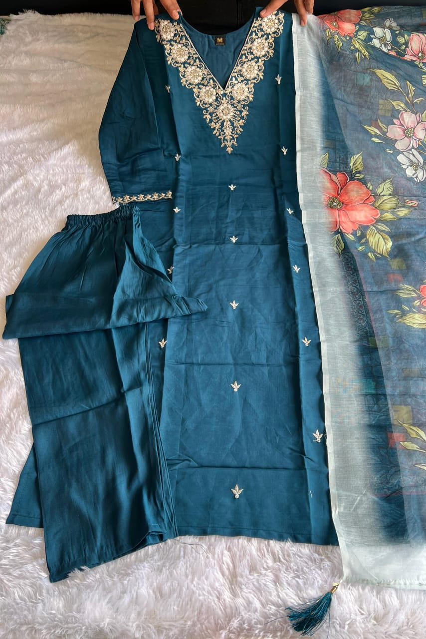 Roman Silk Designer Kurti Pant Dupatta Set