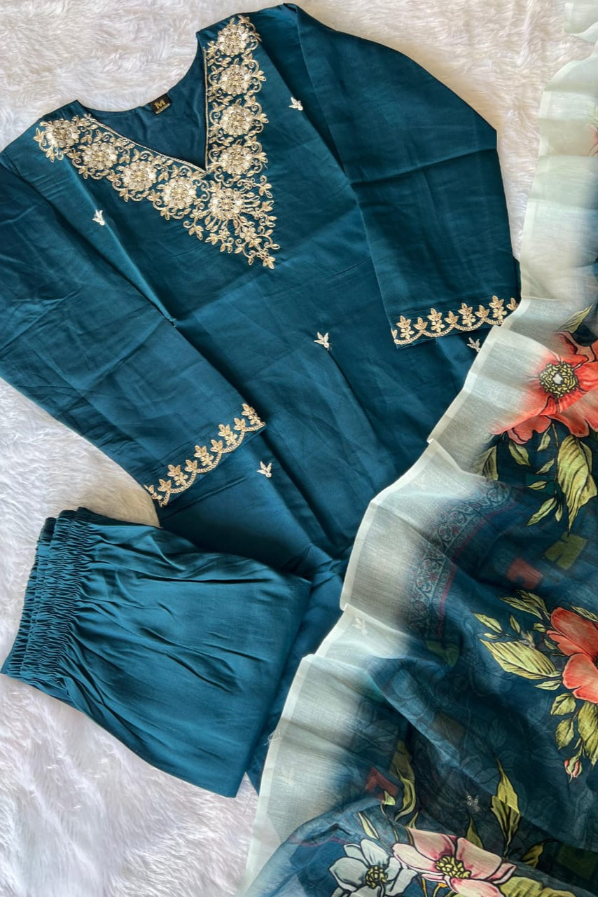 Roman Silk Designer Kurti Pant Dupatta Set