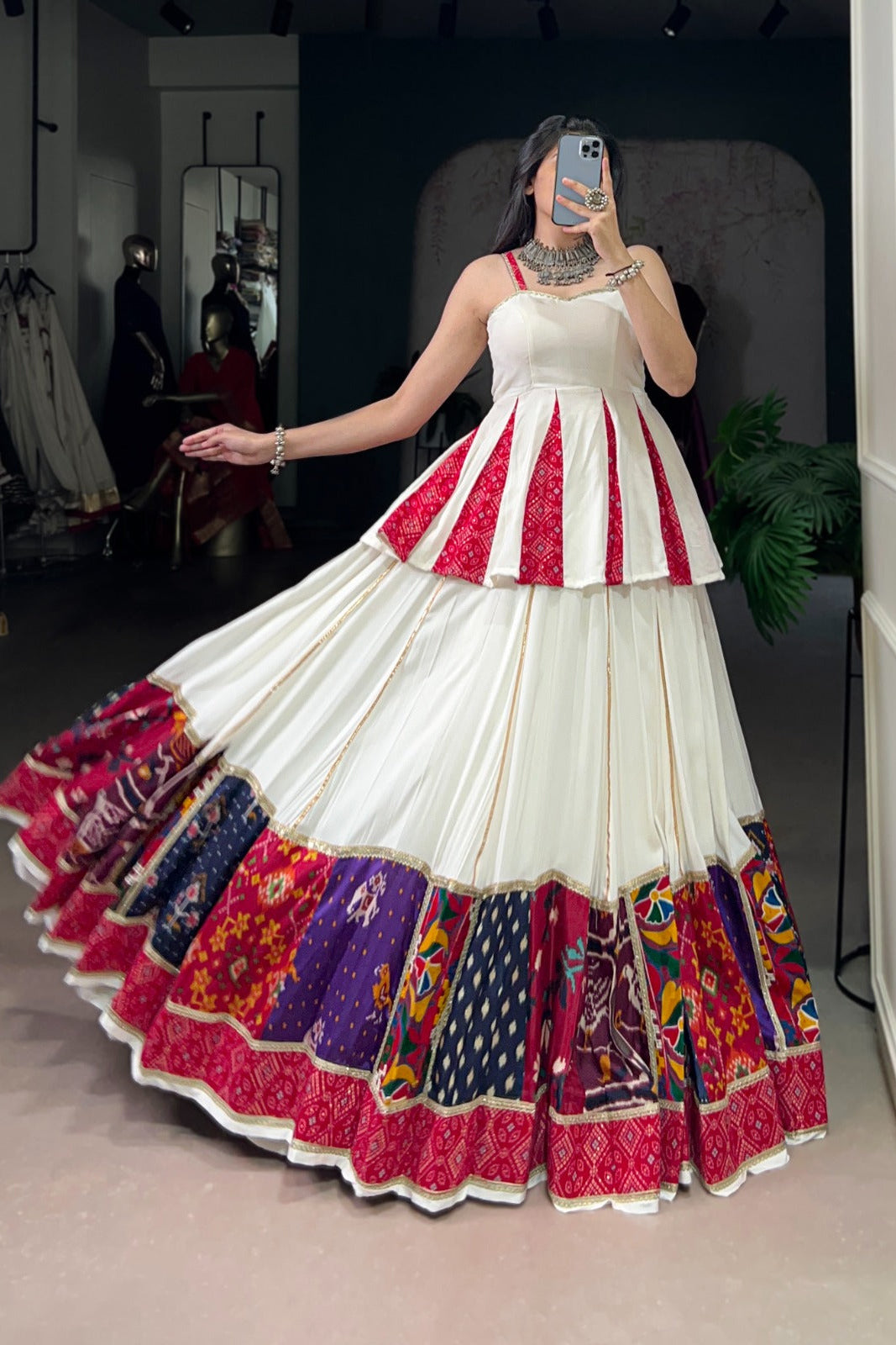 Navratri Glow White Rayon Bandhej Patchwork Lehenga Set