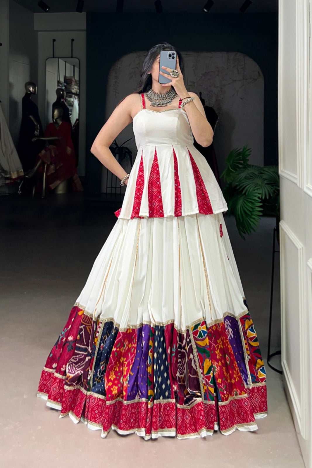 Navratri Glow White Rayon Bandhej Patchwork Lehenga Set