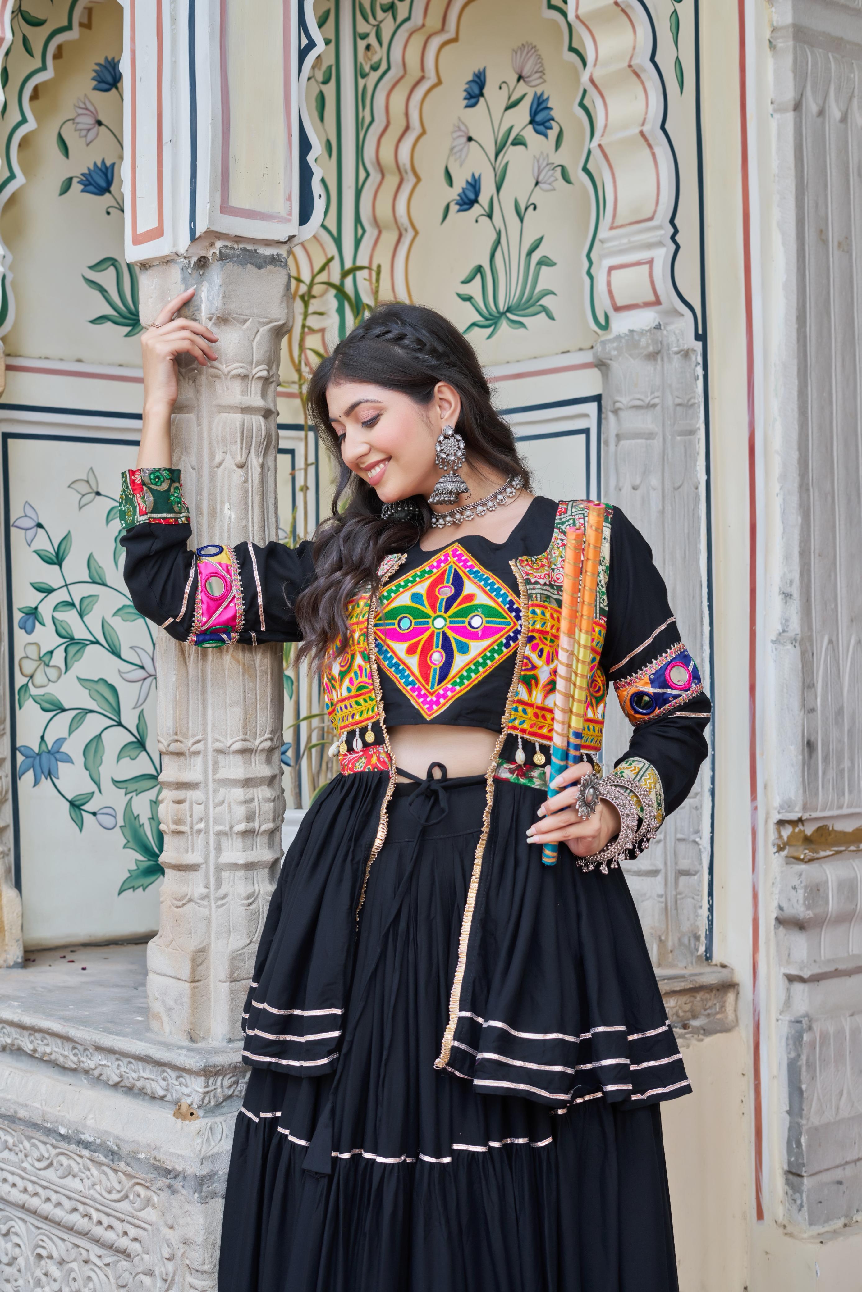 Black Gamthi Mirror Work Lehenga Choli with Koti