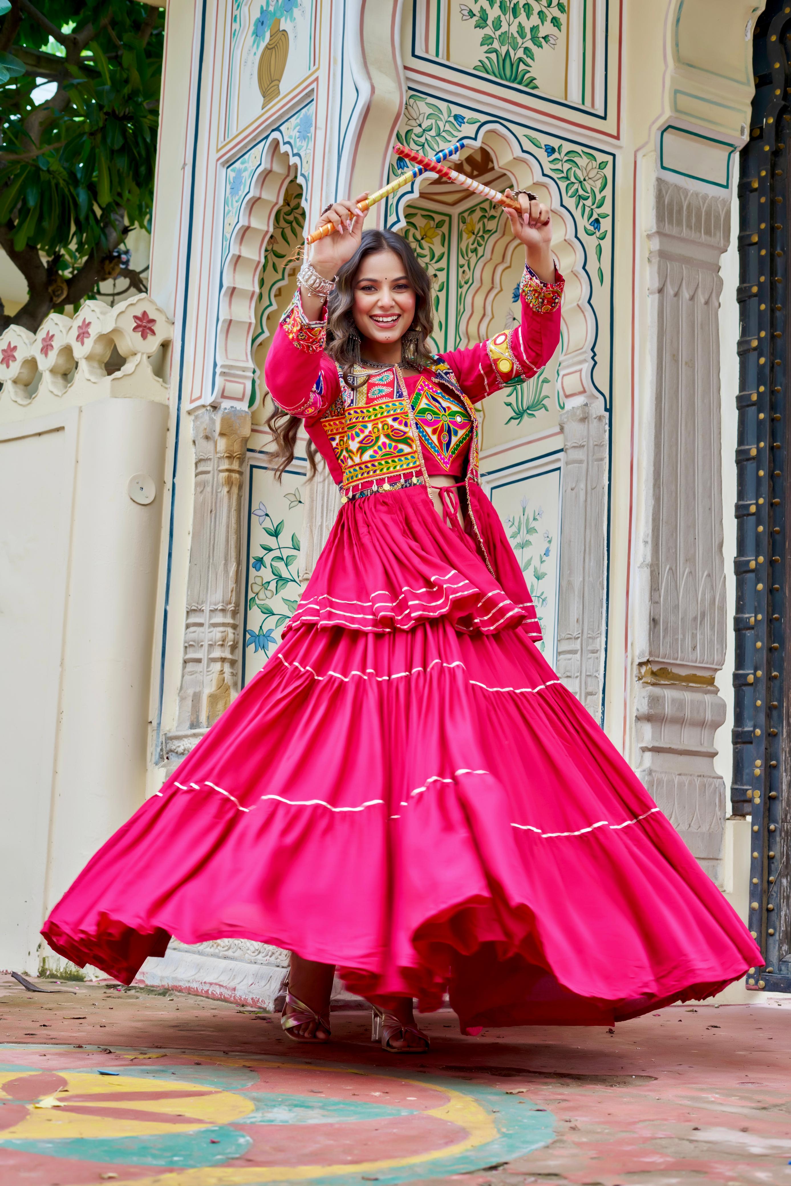 Pink Gamthi Mirror Work Lehenga Choli with Koti