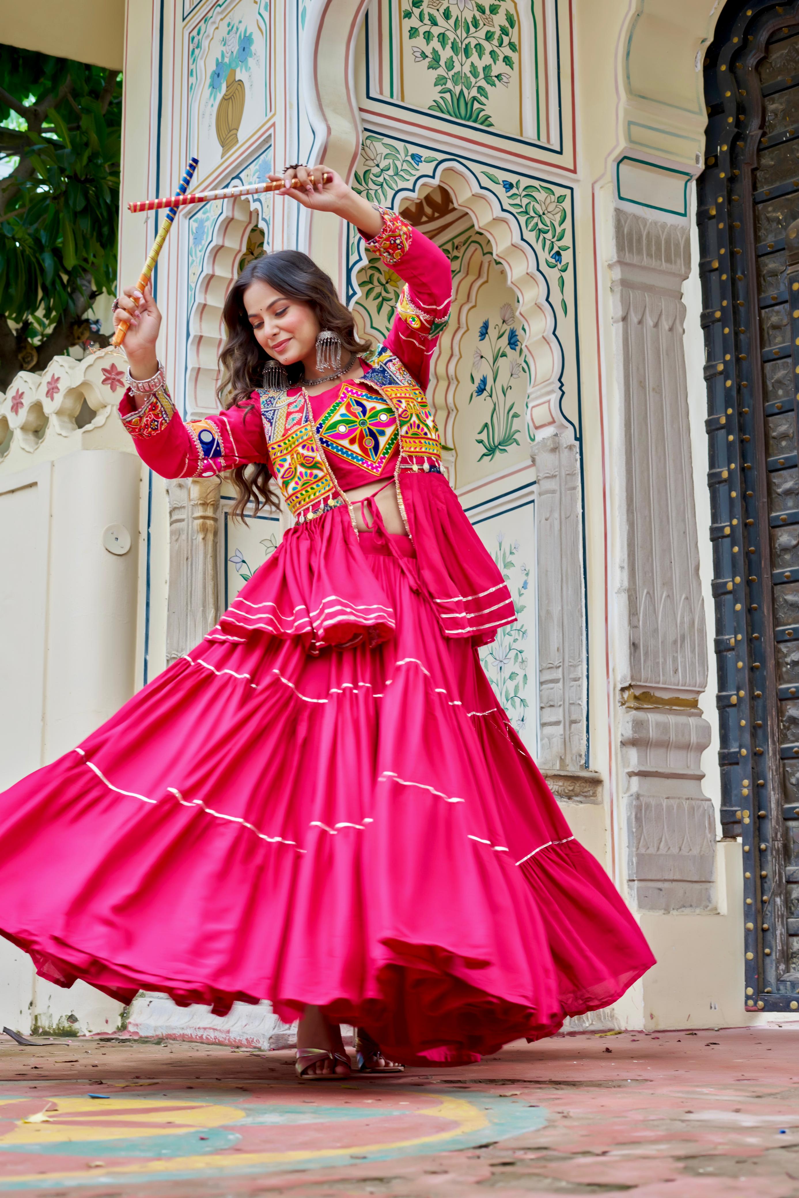 Pink Gamthi Mirror Work Lehenga Choli with Koti