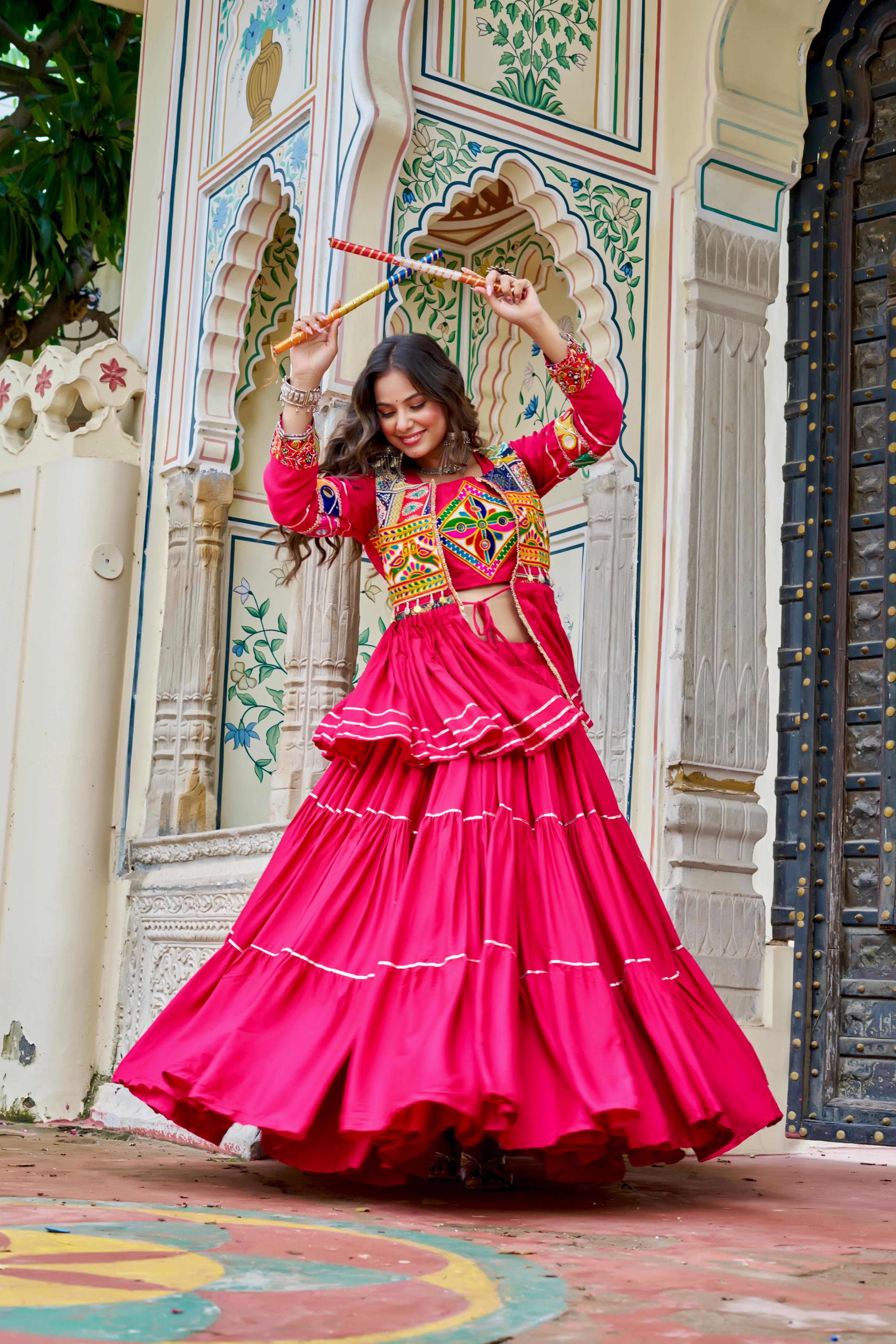 Pink Gamthi Mirror Work Lehenga Choli with Koti