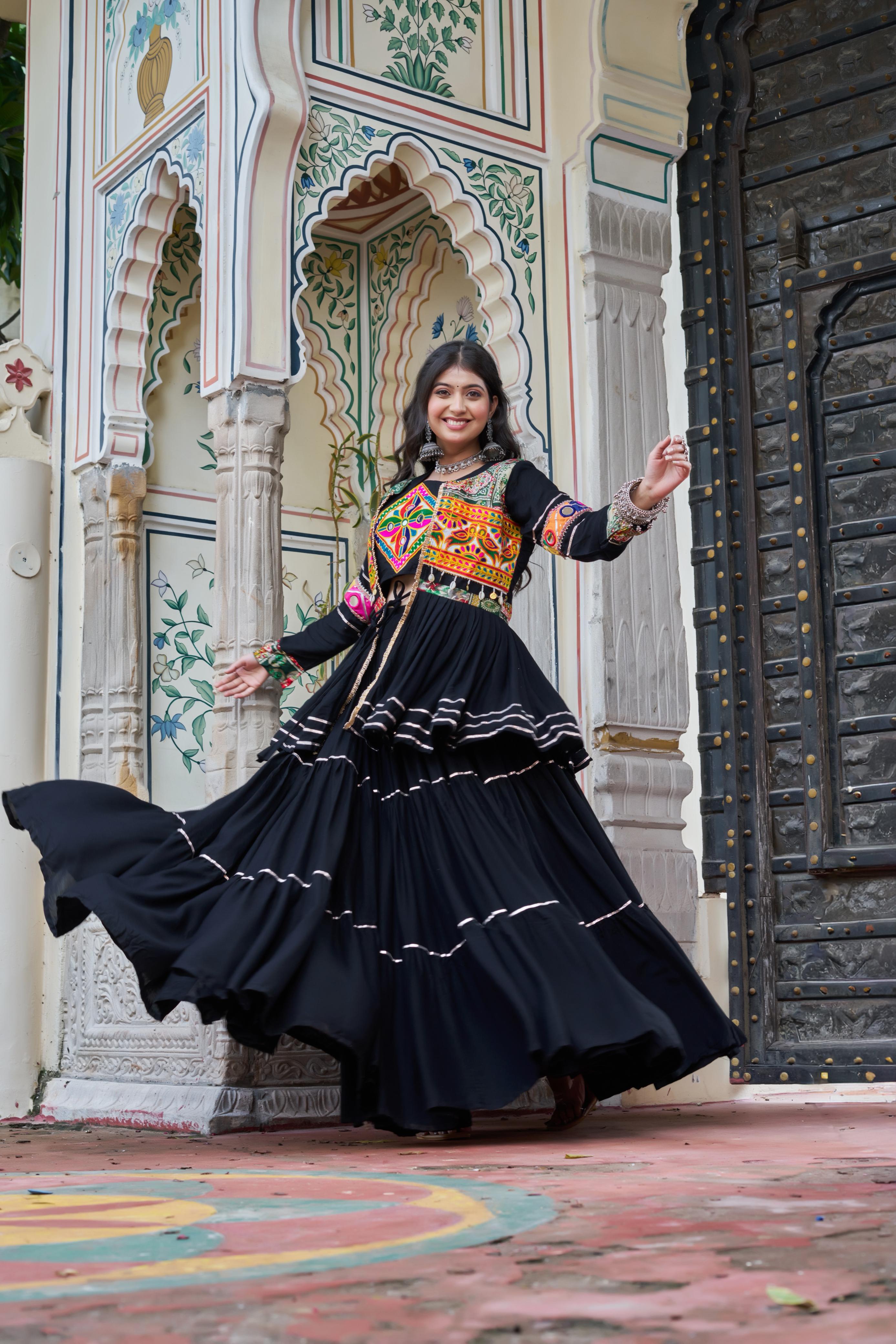Black Gamthi Mirror Work Lehenga Choli with Koti