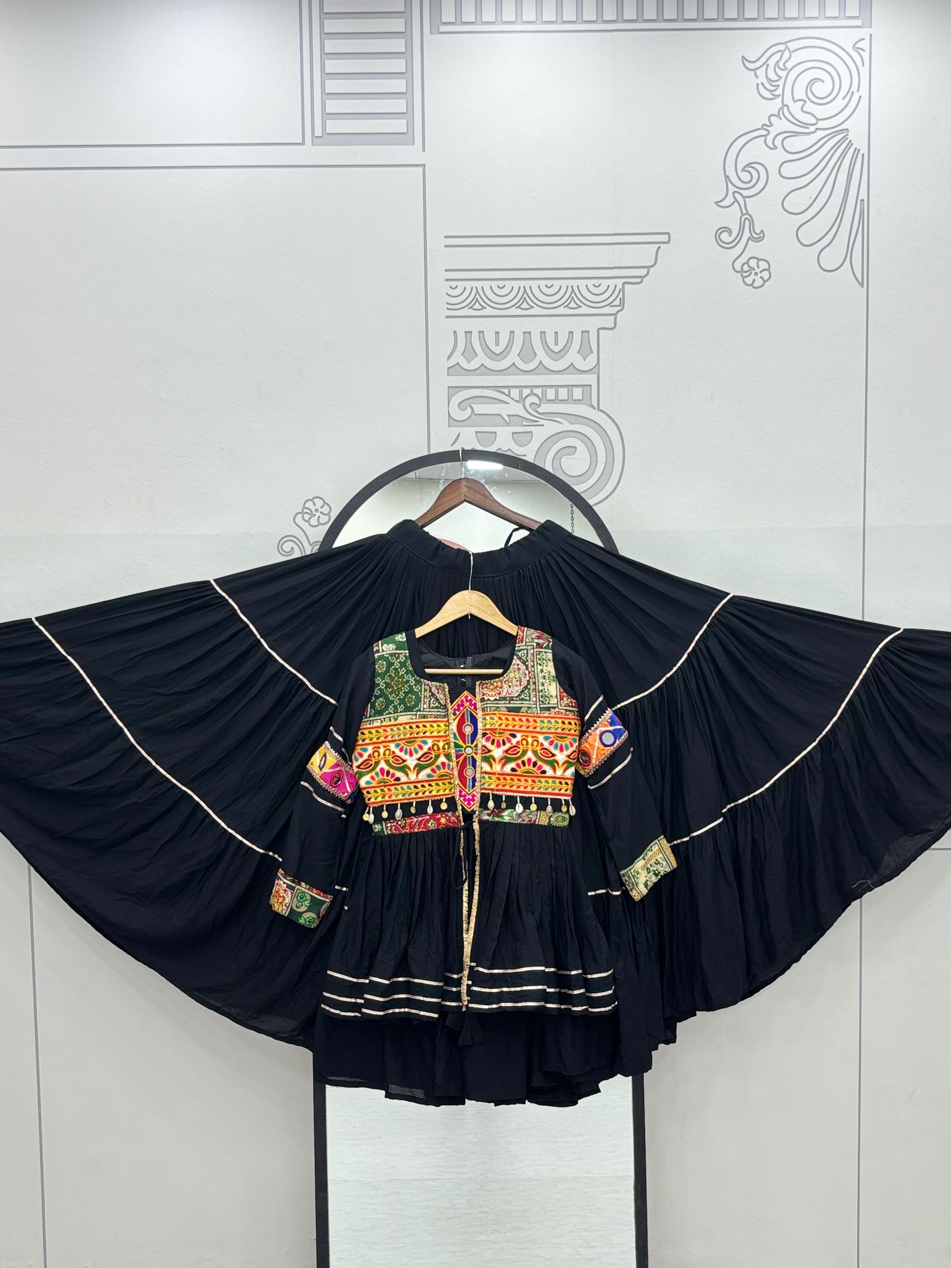 Black Gamthi Mirror Work Lehenga Choli with Koti