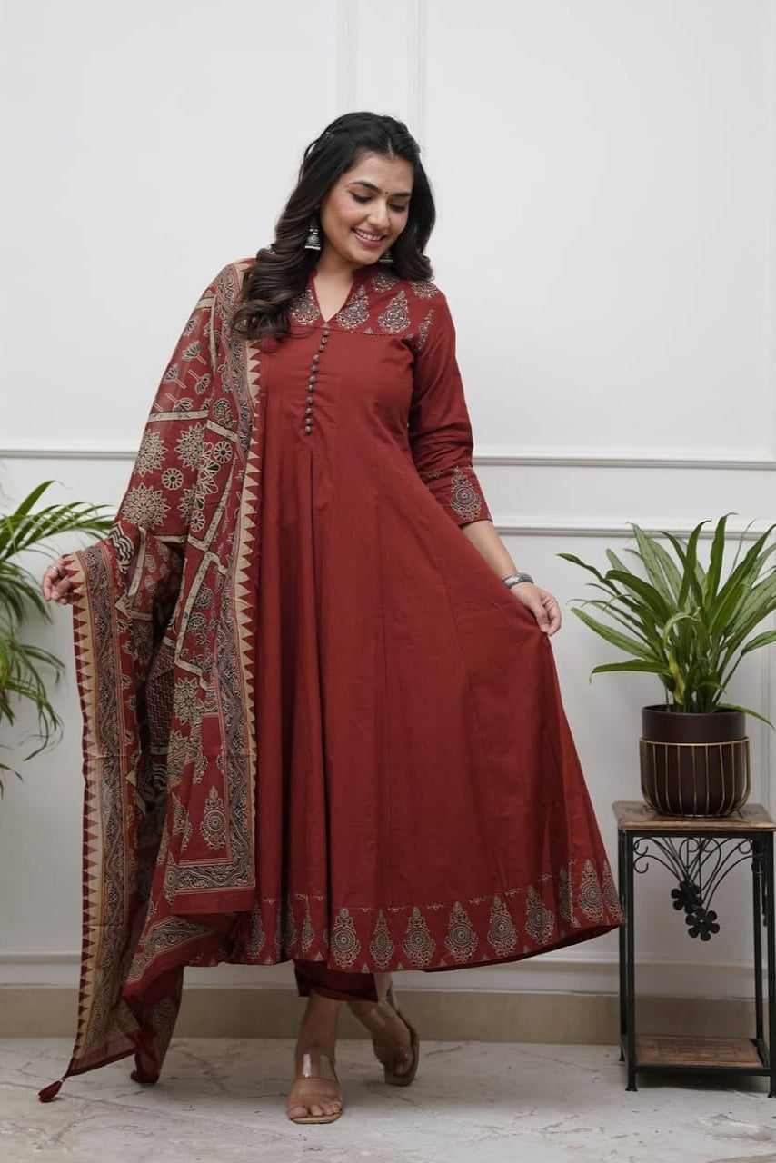 Brown Katha Work Anarkali Kurta Set