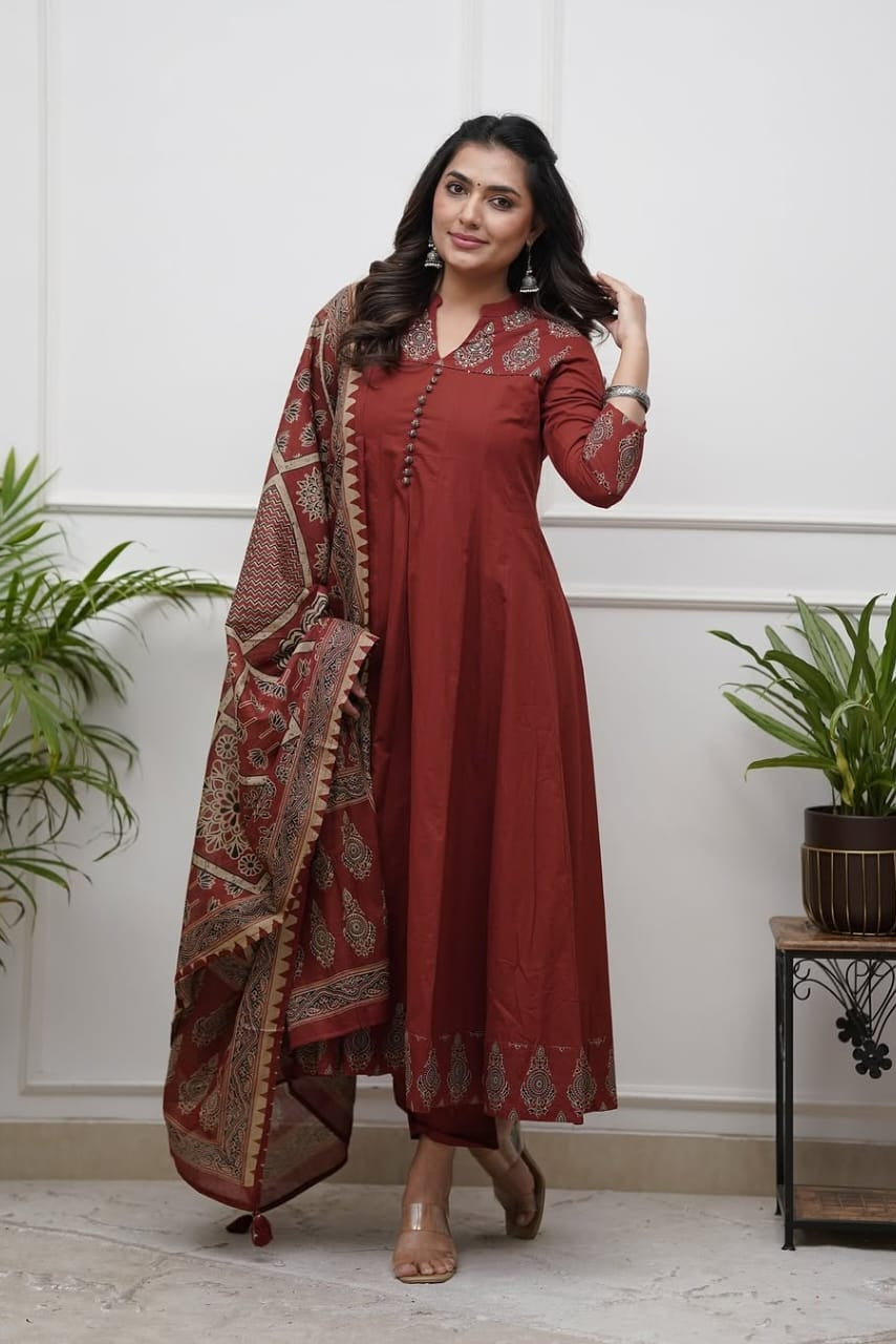 Brown Katha Work Anarkali Kurta Set