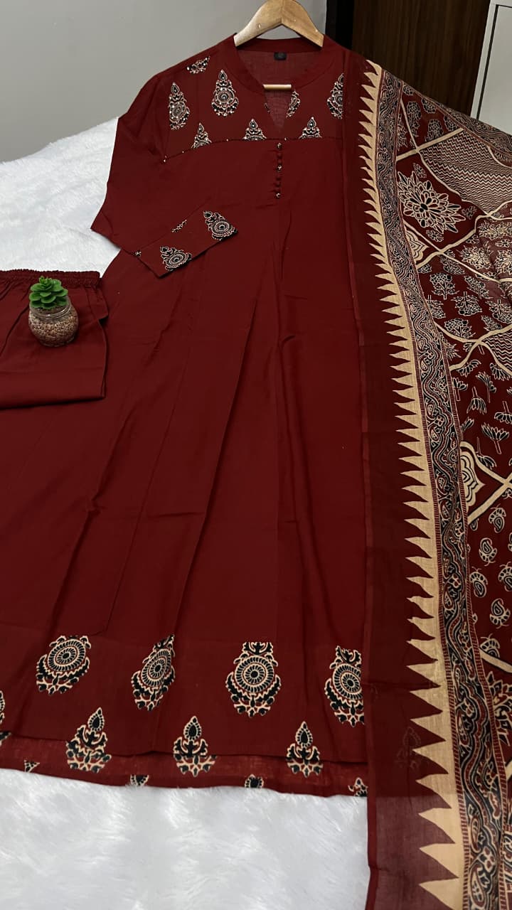 Brown Katha Work Anarkali Kurta Set