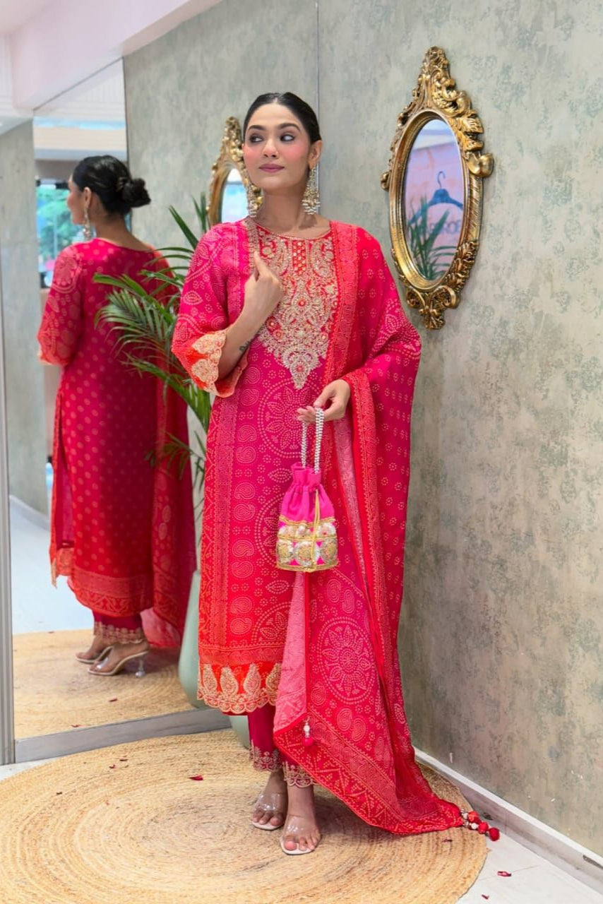 Meher Pink Mirror & Embroidery Straight Kurta Set