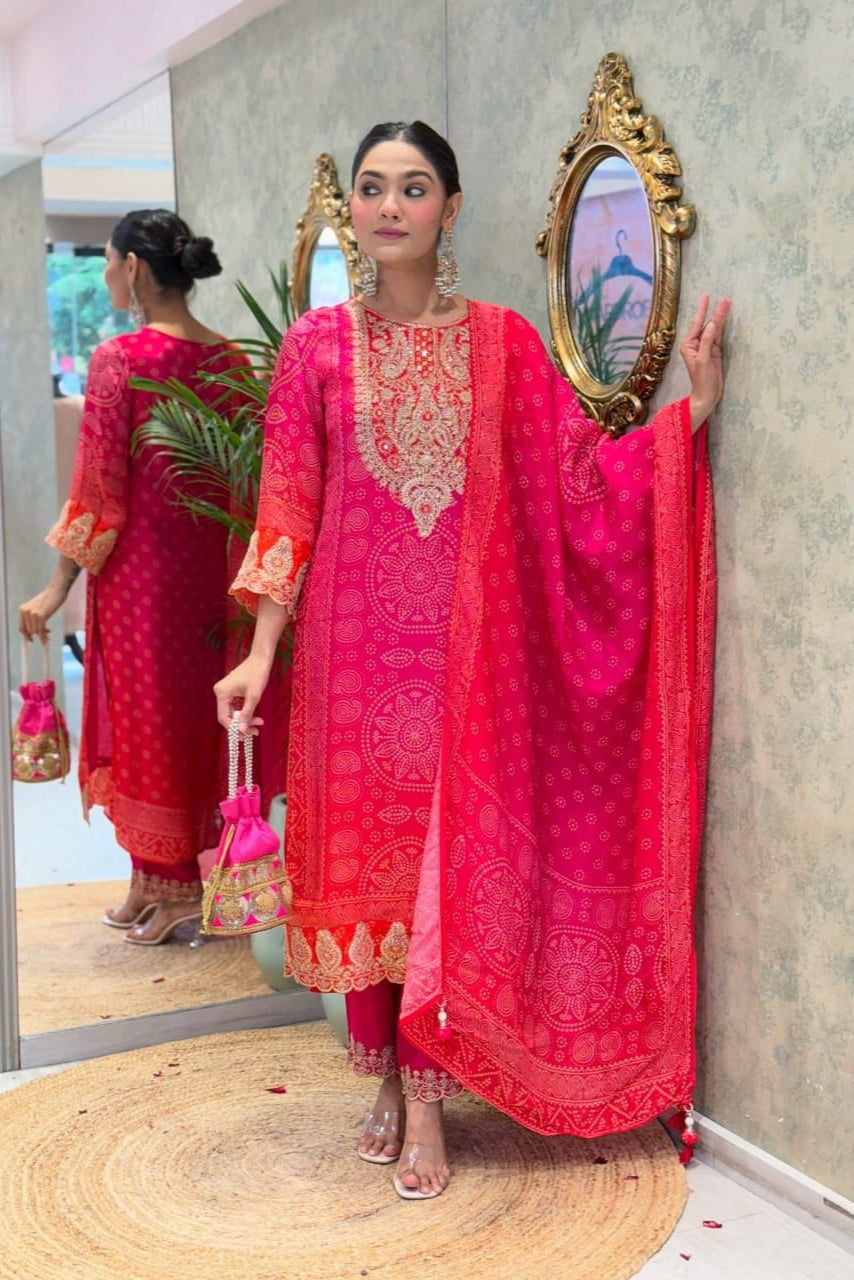 Meher Pink Mirror & Embroidery Straight Kurta Set
