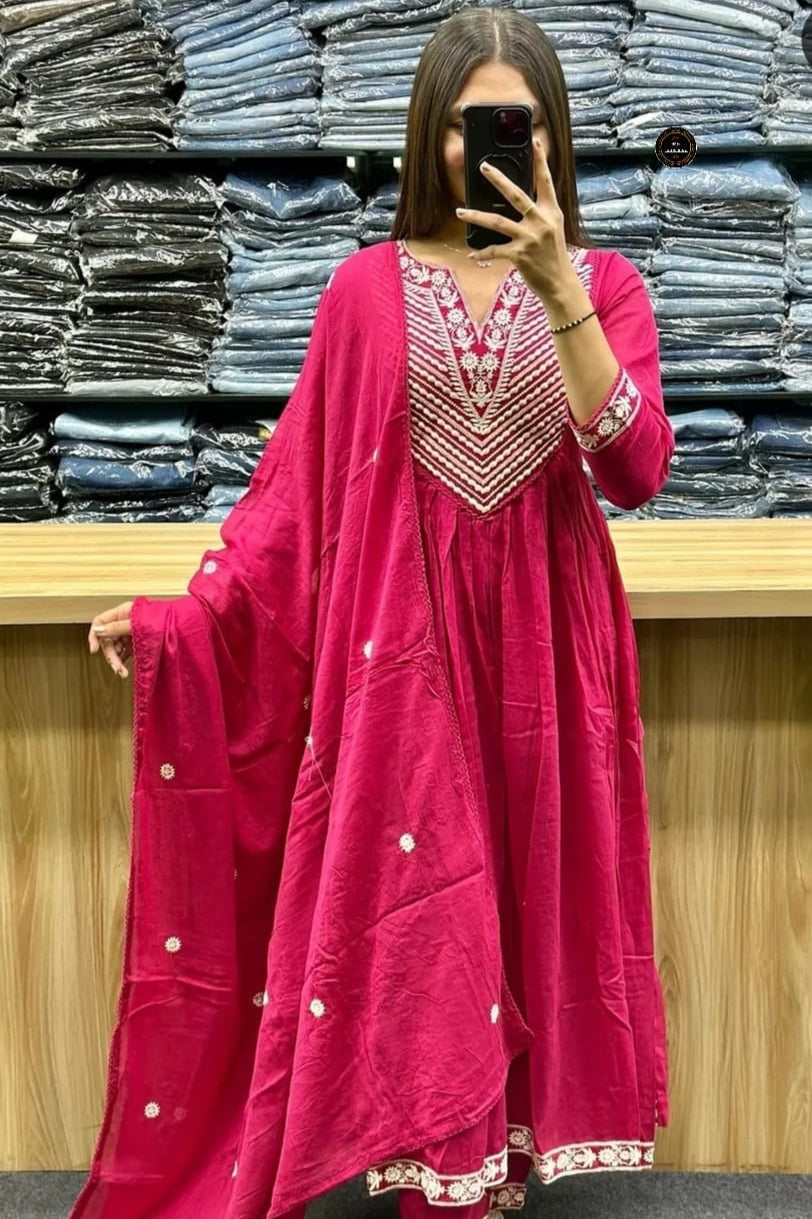 Midnight Grace Anarkali Kurta Set With Premium Cotton Pant & Malmal Dupatta