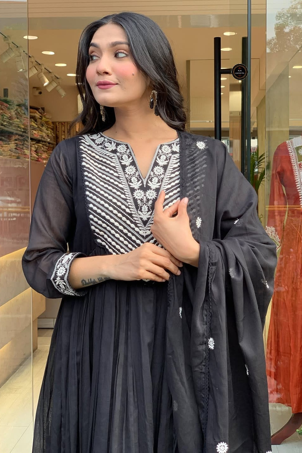 Midnight Grace Anarkali Kurta Set With Premium Cotton Pant & Malmal Dupatta