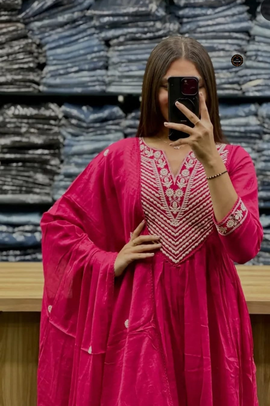Midnight Grace Anarkali Kurta Set With Premium Cotton Pant & Malmal Dupatta