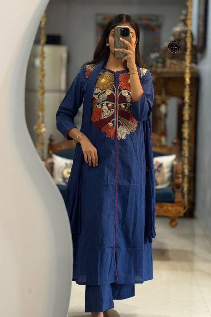 Dreamy Flare Embroidered Anarkali Set With Premium Cotton Pant & Malmal Dupatta