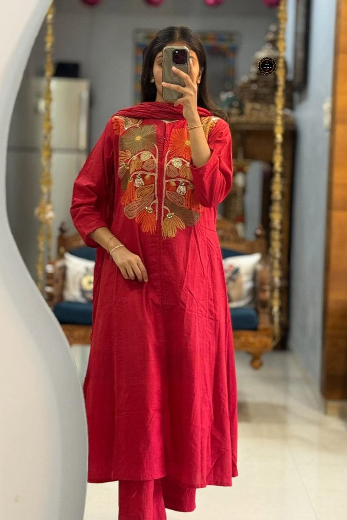 Dreamy Flare Embroidered Anarkali Set With Premium Cotton Pant & Malmal Dupatta