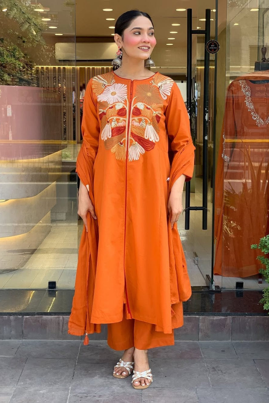Dreamy Flare Embroidered Anarkali Set With Premium Cotton Pant & Malmal Dupatta