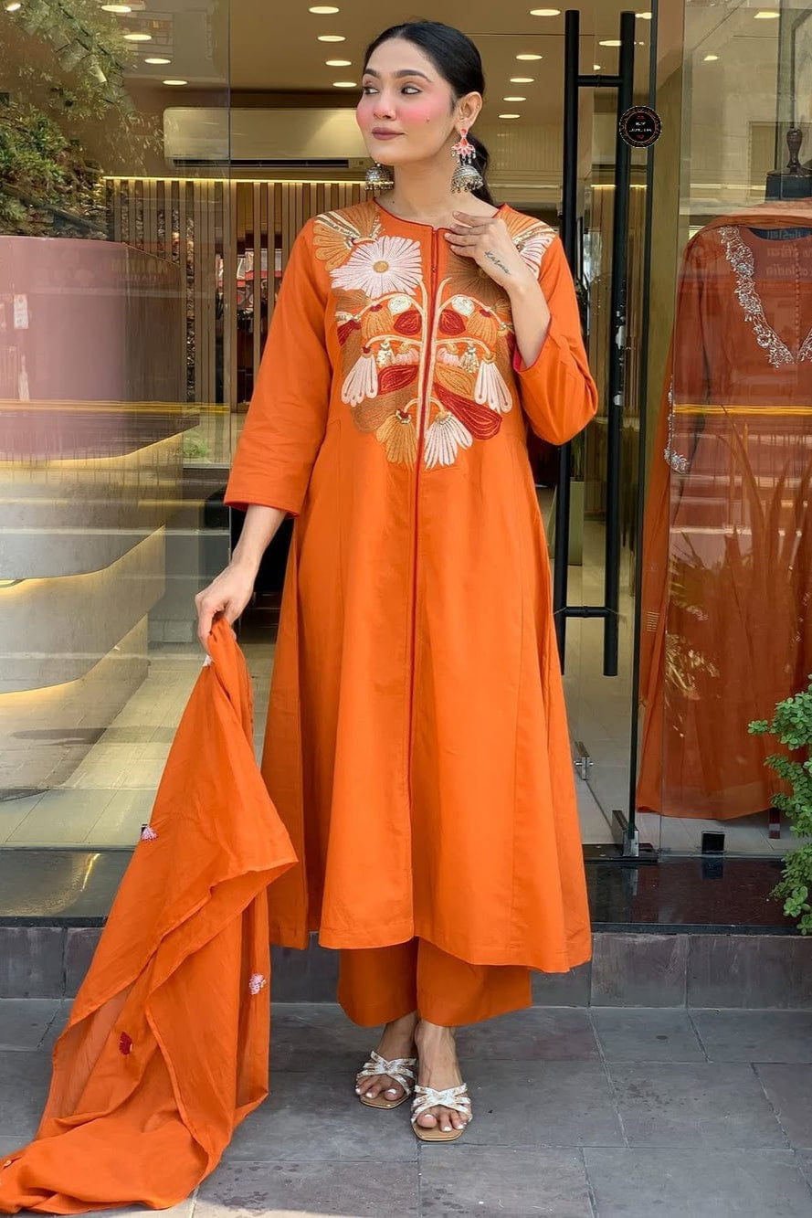 Dreamy Flare Embroidered Anarkali Set With Premium Cotton Pant & Malmal Dupatta