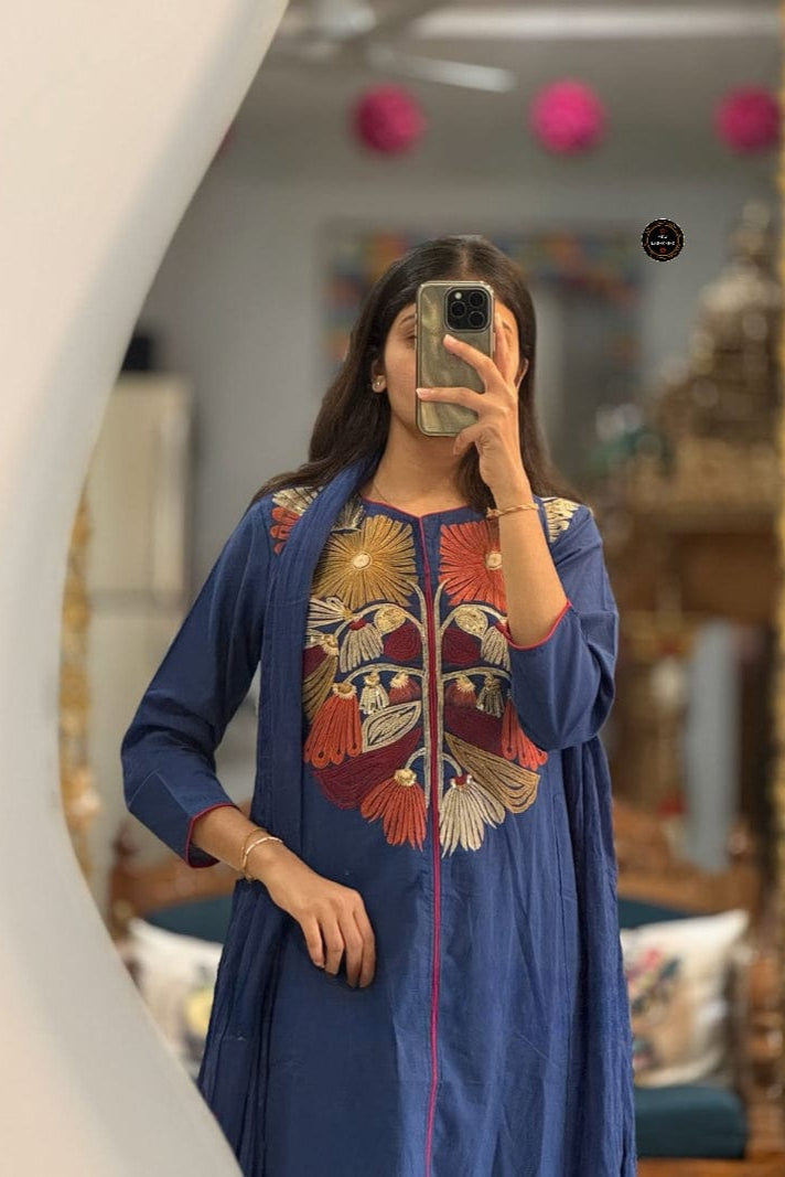 Dreamy Flare Embroidered Anarkali Set With Premium Cotton Pant & Malmal Dupatta