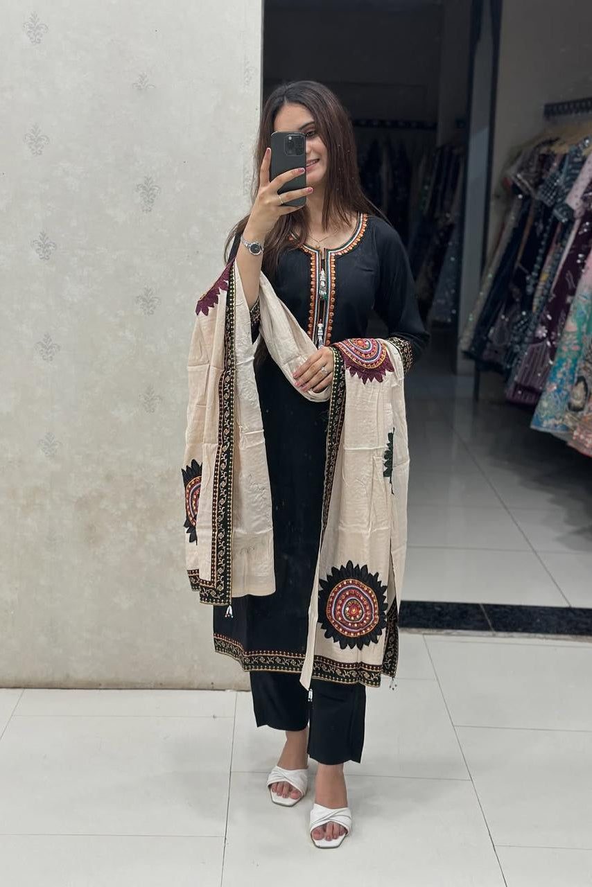Noorvi Black Sequin Embroidered Cotton Suit Set