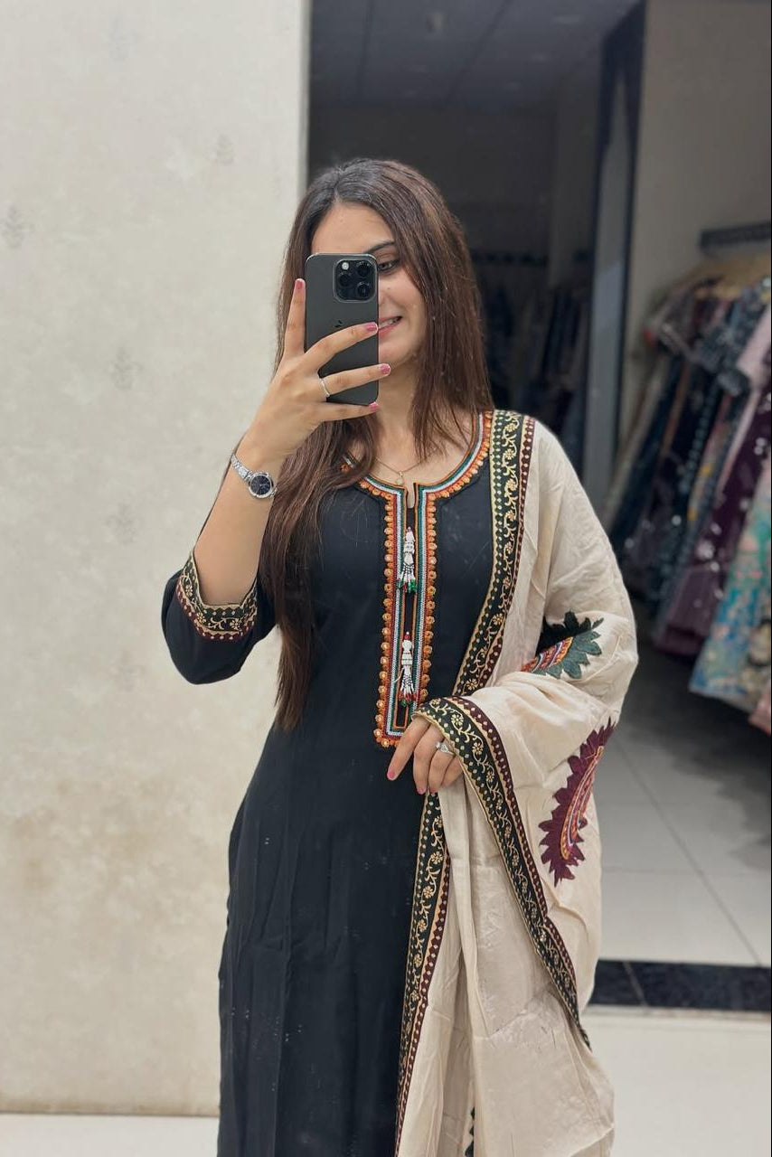 Noorvi Black Sequin Embroidered Cotton Suit Set