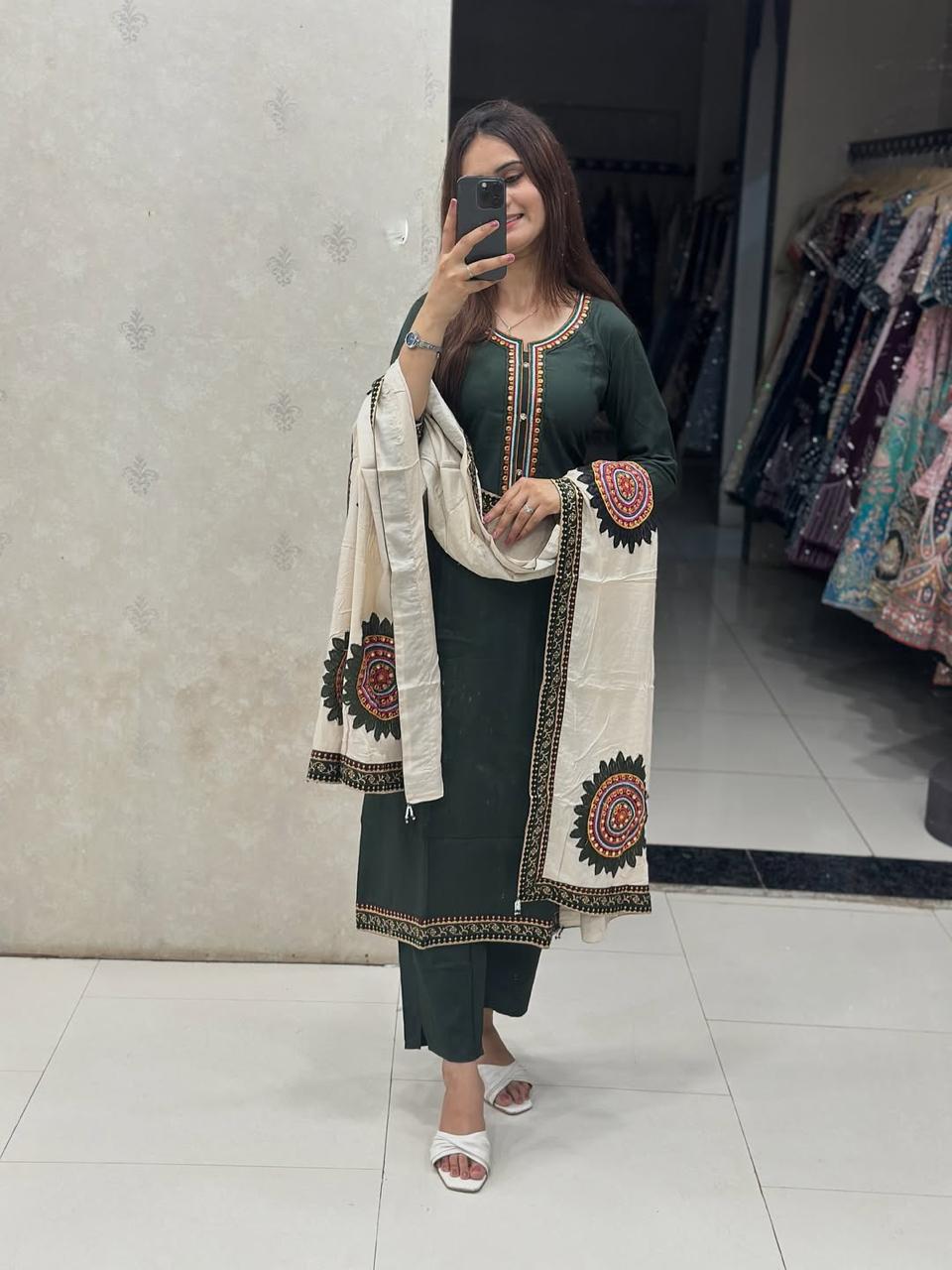 Noorvi Green Sequin Embroidered Cotton Suit Set
