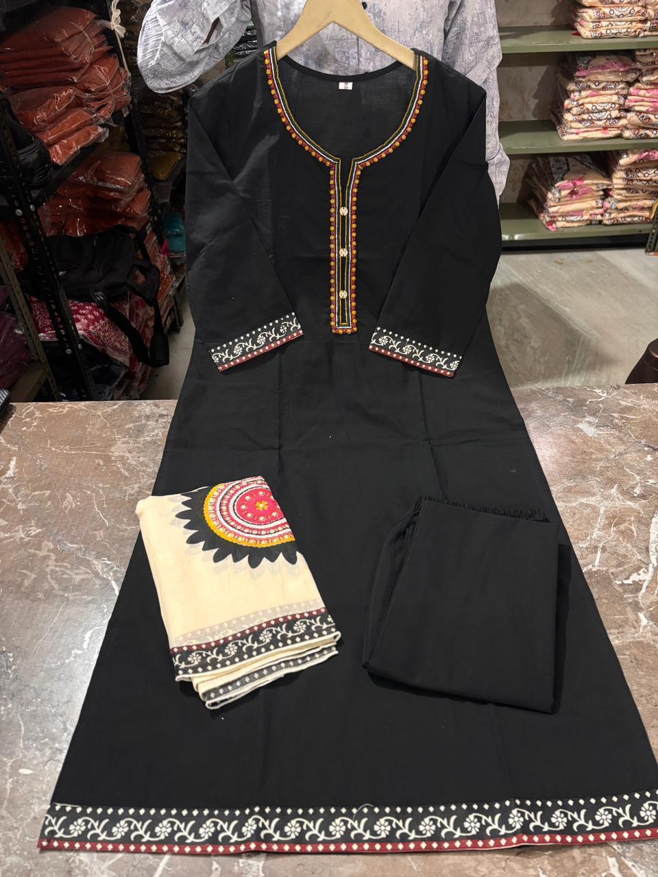 Noorvi Black Sequin Embroidered Cotton Suit Set