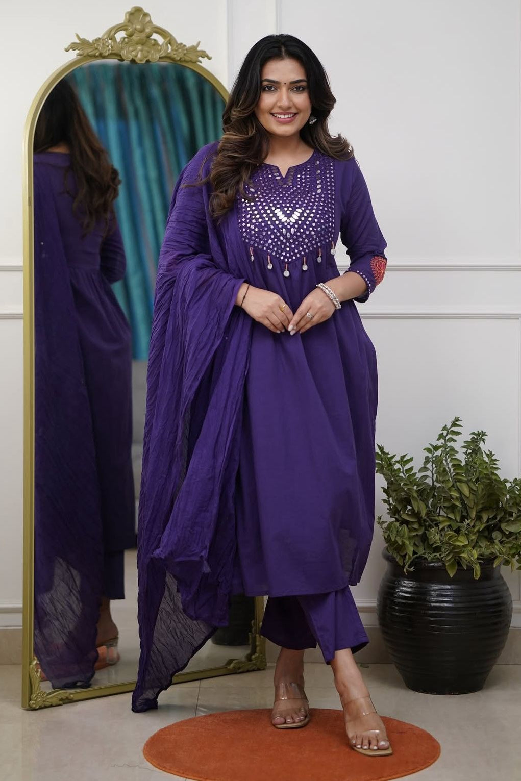 Lavender Gleam Mirror Work Kurti Pant Dupatta Set