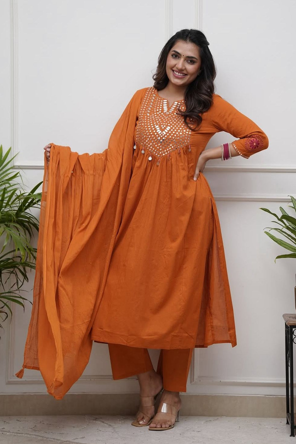 Lavender Gleam Mirror Work Kurti Pant Dupatta Set