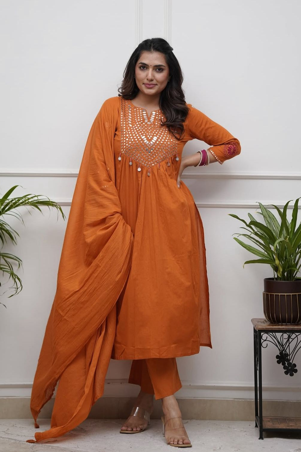 Lavender Gleam Mirror Work Kurti Pant Dupatta Set