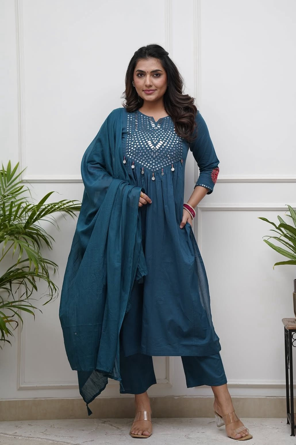 Lavender Gleam Mirror Work Kurti Pant Dupatta Set