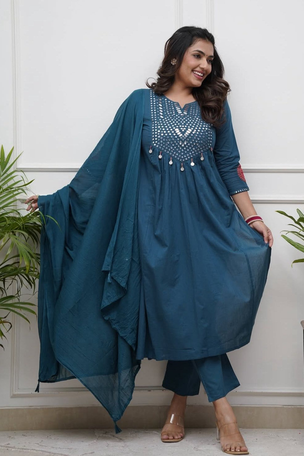 Lavender Gleam Mirror Work Kurti Pant Dupatta Set