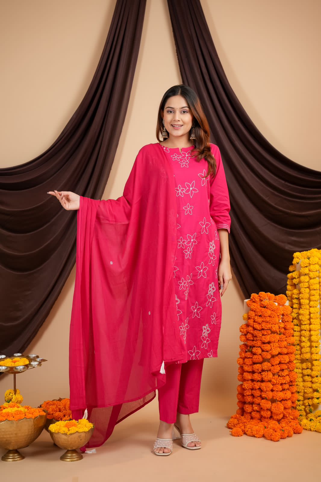 Taj Gulnaaz Pink Embroidered Flex Cotton Khadi Suit Set