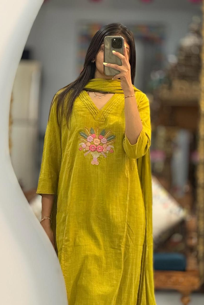 Kantha Noor Mehendi Cotton Khadi Handwork Suit Set