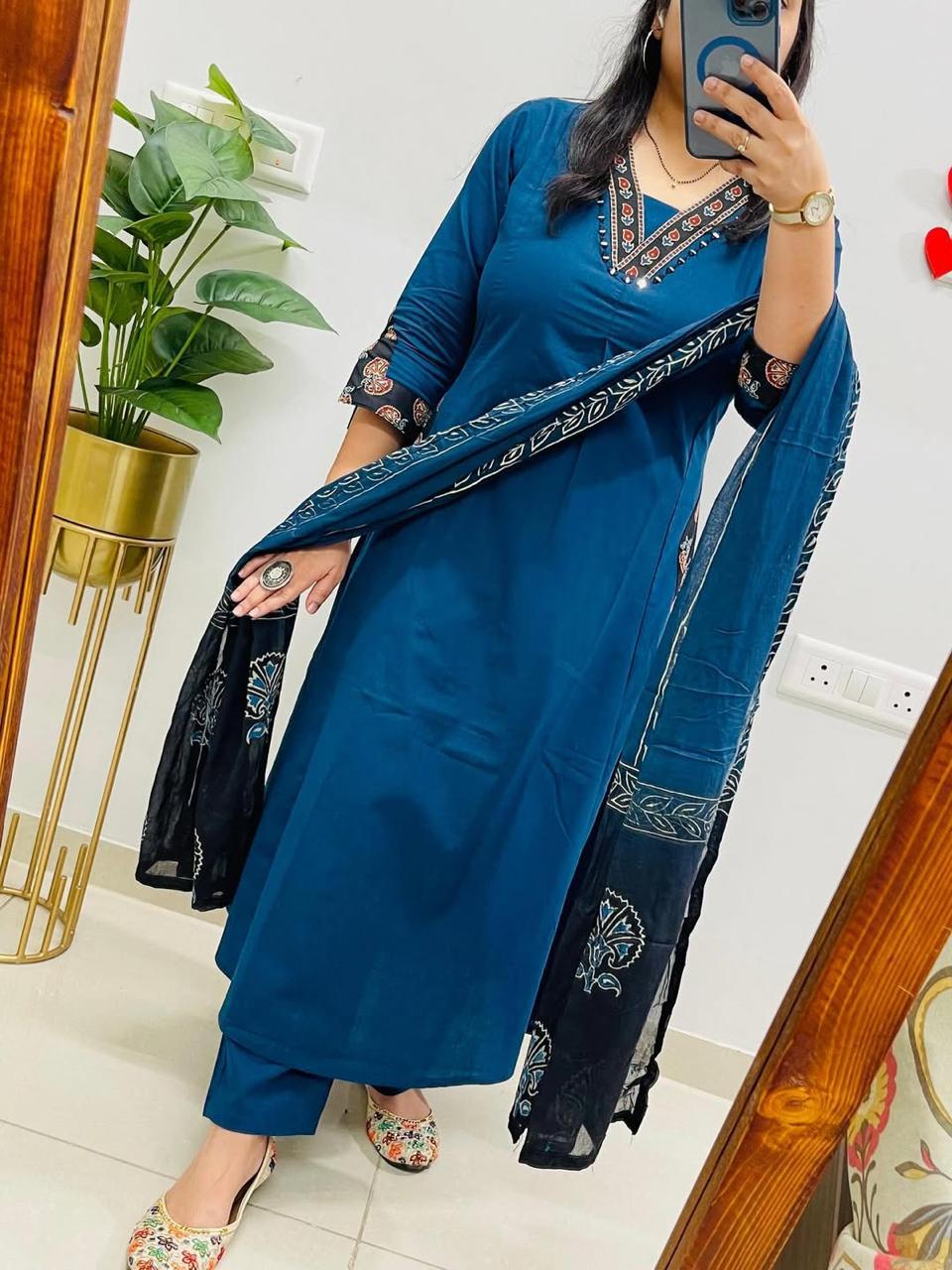 Neelaya Blue Printed Cotton Suit Set with Mulmul Dupatta
