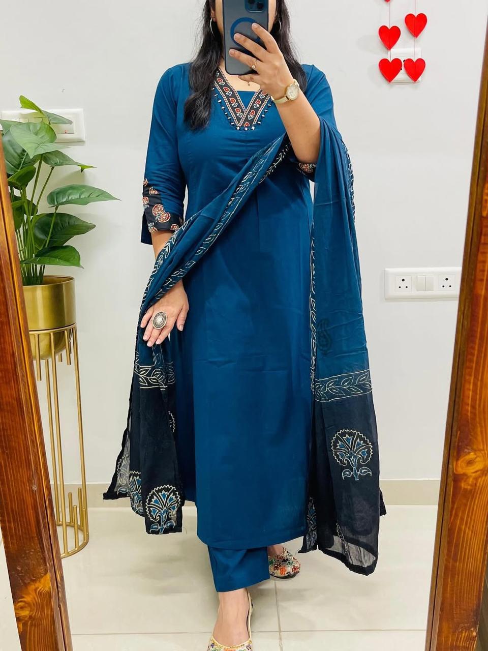 Neelaya Blue Printed Cotton Suit Set with Mulmul Dupatta